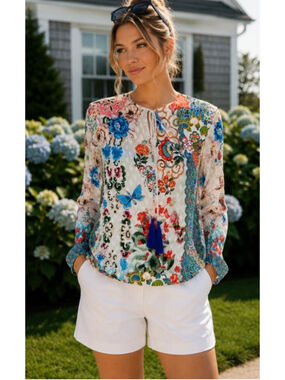 Shana Silk Floral Butterfly Print Blouse Size M White Blue